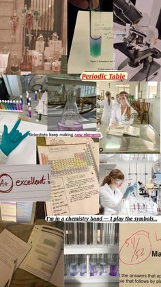 a collage of photos with different types of science related items and words on them