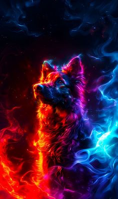 an abstract painting of a dog in the middle of fire and water with bright colors