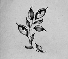 a black and white drawing of leaves with eyes on it's side, in the shape of an e