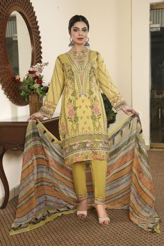 ➤ Yellow color straight shape full sleeves embroidered kameez on lawn fabric, cotton embroidered trousers, digital printed chiffon dupatta | Length – Shirt Length 41" knee-length; Trouser 38" with Soft Elastic Belt; Dupatta length 2.10 m Width 1.06 m ➤ ➤ ➤ ➤ 🌸 Fabric Details - Cotton Lawn Kameez/Salwar, Chiffon Dupatta 🌸 Craft and Decorations - Neckline embroidery on digital prints 🌸 Care - Machine wash gentle cycle. Tumble Dry. 🌸 Length & Style - Top ~ 41 - 42 " A-Line/ kurta style, bottom Party Wear Pakistani, Embroidered Linen Shirt, Embroidered Trousers, Indian Dresses For Women, Neckline Embroidery, Pakistani Salwar, Kurta Style, A Line Kurta, Pakistani Salwar Kameez