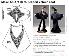 the instructions to make an art deco bead velour coat for women in black and white