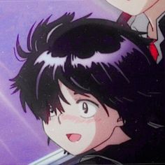 two anime characters one with black hair and the other with dark hair, standing next to each other in front of a purple background