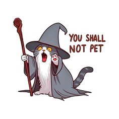 a cat with a wizard hat holding a sticker that says, you shall not pet