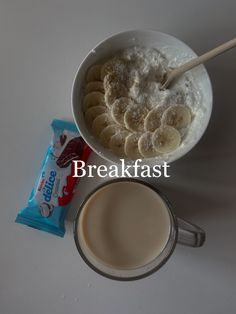 there is a bowl of cereal next to a cup of coffee and a bag of cookies