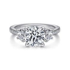 a three stone engagement ring with diamonds on it