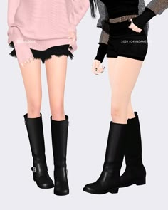 two young women standing next to each other in short shorts and knee - high boots