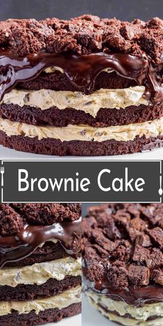 a chocolate brownie cake with ice cream and chocolate drizzles on top