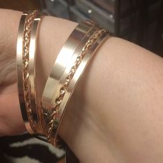 These Are Rose Gold And You Get All The Bangles! Elegant Rose Gold Braided Bracelets As Gift, Rose Gold Metal Bangle With Bracelet Strap, Elegant Rose Gold Band Jewelry, Adjustable Rose Gold Cuff Bracelet, Rose Gold Double Band Jewelry Gift, Trendy Gold Band Jewelry, Rhinestone Fashion, Purple Bracelet, Snap Bracelets