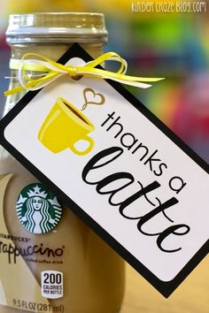 there is a sign that says thanks to the coffee drinker on the label and it has a cup of coffee next to it