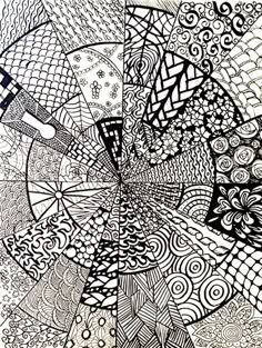 black and white drawing of an abstract design with circles, lines, and swirls