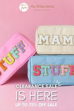 three bags with the words mama, clearance sale is here up to 75 % off sale