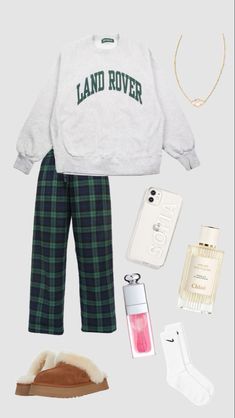 What To Wear With Pajama Pants To School, Preppy Lazy Outfits, School Pj Day Outfits, Cute Outfit Collage, Winter Outfit Board, Preppy Sleepwear, Pj Outfit Ideas, Pj Outfit For School, Comfy Preppy Outfits