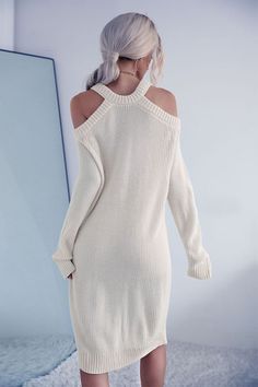 Pattern: Solid Features: Cold shoulders, rib-knit Neckline: Cold shoulder Stretch: Slightly stretchy Product measurements: S: bust 38 in, sleeve 21 in, length 32 in M: bust 40 in, sleeve 21 in, length 33 in L: bust 42 in, sleeve 22 in, length 33 in Material composition: 100% polyester Care: Machine wash cold. Tumble dry low. Imported Sweater Dress Belt, Tricotin Long, Cold Shoulder Sweater Dress, Knee Stretches, Shoulder Stretch, Dress Belt, Cold Shoulder Sweater, Long Knit, Classy Chic