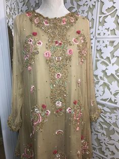 Mina Hasan Inspired Chiffon Dress Floral Beaded Embroidery | Etsy Hand Embellished Floor-length Organza Traditional Wear, Reception Organza Salwar Kameez Hand Embellished, Hand Embellished Organza Salwar Kameez For Reception, Festive Party Wear Embroidered Wedding Dress, Hand Embellished Floor-length Embroidered Dress For Festive Occasions, Hand Embellished Organza Traditional Wear For Reception, Reception Hand Embellished Organza Traditional Wear, Gold Georgette Wedding Dress, Elegant Hand-embellished Embroidered Wedding Dress