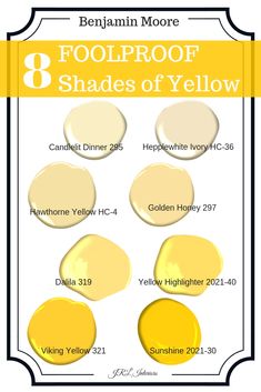 four shades of yellow with the words foolproof 8 shades of yellow on top and below