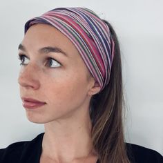 Striped Kikoy Wide Headband Casual Stretch Cotton Sweatband Headband, Casual Stretch Headband With Sweatband, Adjustable Pink Bandana As A Gift, Adjustable Pink Bandana As Gift, Adjustable Sweatband Headband, Adjustable Festival Bandana Headband, One Size Multicolor Casual Headwrap, Adjustable Pink Elastic Hair Accessories, Casual Multicolor One-size Headwrap