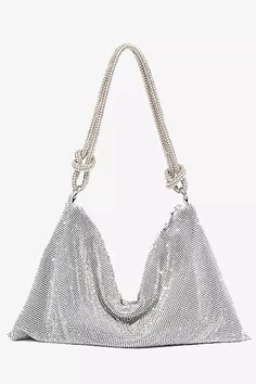 An accessory bag that can hold all your daily essentials - Octavia Silver Rhinestone Shoulder Bag. It's embellished with dazzling silver rhinestones and has knotted shoulder straps. Whether attending a banquet or going to work, this bag is your best choice!  Material: PU  One Size fits all Length/Height：34*16cm Weight：0.27kg  Colour may vary due to lighting on images Rhinestone Handbags, Silver Bag, Rhinestone Material, Rhinestone Clutch, Wedding Purse, Travel Purse, Rhinestone Dress, Evening Handbag, Silver Rhinestone