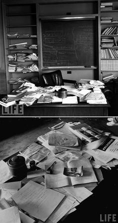 two black and white photos of books on the floor, one with papers in it