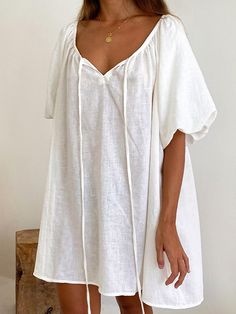 Loose Puff Sleeves Lace-Up Pleated See-Through Solid Color V-Neck Mini Dresses Sleep Dress WHITE-S Vacation Sleepwear, Linen Summer Outfits, Beautiful Mini Dresses, Loose Mini Dress, Nashville Outfits, Beach Mini Dress, Night Dress For Women, Linen Clothing, Cotton Linen Dresses