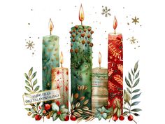 a watercolor painting of candles surrounded by holly wreaths, berries and snowflakes