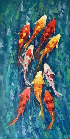 an oil painting of koi fish swimming in the blue water with green and yellow colors