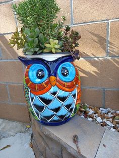 a ceramic owl planter with succulents in it sitting on a brick wall