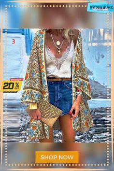 Cross Neck Loose Ethnic Coat Summer Long Sleeve Outerwear With Boho Print, Summer Long Sleeve Boho Print Outerwear, Summer Boho Print Long Sleeve Outerwear, Long Sleeve Boho Print Beach Outerwear, Beach Boho Print Long Sleeve Outerwear, Vintage Fall Beach Outerwear, Casual Summer Outerwear With Boho Print, Bohemian Multicolor Floral Print Outerwear, Bohemian Floral Print Outerwear For Vacation