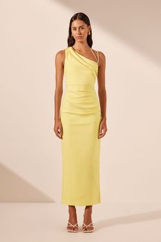 Lani Asymmetrical Gathered Midi Dress | Lemon | Dresses | Shona Joy Lemon Dresses, Shona Joy Dress, One Shoulder Midi Dress, Shona Joy, Plain Dress, Lemon Dress, Popular Dresses, Bridesmaids Dress, Maxi Dress Online