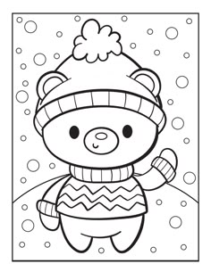 a black and white drawing of a teddy bear wearing a hat, scarf and mittens