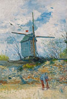 an oil painting of a windmill in the background