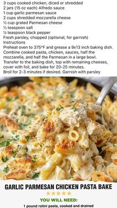 the recipe for garlic parmesan chicken pasta bake