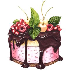 a drawing of a cake with chocolate and cherries on top, covered in icing