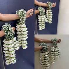 two pictures of flowers being held up by hands