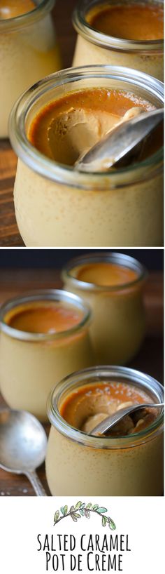 two pictures showing different types of sauces in glass jars with spoons on the side