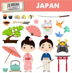 an image of japan clipart set with people and things to see on the map