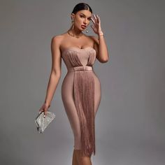 Fringe Bodycon Dress OCS Trade Co. Dresses For Parties, Elegant Dressing, Hey Friend, Night Club Dress, Strapless Bodycon Dress, Going Out Outfit, Bandage Midi Dress, Bandage Dress Bodycon, African Queen