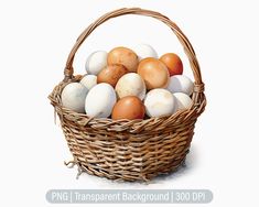 a wicker basket filled with different colored eggs