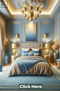 a bedroom with blue walls, gold accents and a chandelier above the bed