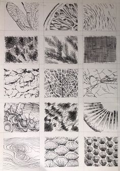 several different types of patterns and shapes in black ink on white paper, each with an individual's own hand drawn pattern