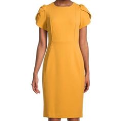 Brand New In Mint Condition Ochre Mustard Color Tulip Short Sleeve Knee Length Approx., 39.5" 1250 Yellow Sheath Midi Dress For Work, Fitted Orange Midi Dress For Work, Orange Fitted Dresses For Workwear, Orange Fitted Dresses For Work, Fitted Orange Dress For Workwear, Fitted Orange Dresses For Workwear, Orange Knee-length Dress For Work, Sheer Floral Dress, Calvin Klein Black Dress