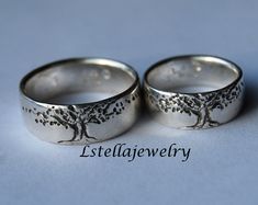 "Bands- Tree of Life Bands I have designed here are of a beautifully carved tree for my Earth friendly people. SET of 8mm (5/16\") wide rings in sterling 1/16th or 1.5mm thick. Lightly oxidized to enhance image. Sizes available are 4.5 to 14.5 Shipping can be faster than listed if I have your size in stock. Please let me know if you need fast. If your size is not listed please leave it in the \"Note from buyer\" on the checkout page. I also offer this an adjustable ring- open in the back for peo Tree Of Life Round Jewelry For Anniversary, Tree Of Life Ring Men, Tree Of Life Ring Wedding Bands, Sterling Silver Tree Of Life Nature-inspired Jewelry, Tree Of Life Jewelry Inspire Uplift ⭐, Tree Carving, Silver Tree, Wide Rings, Tree Wedding