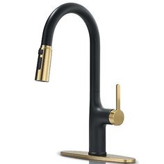 the black and gold faucet is on display in front of a white background