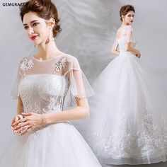 White Floor-length Gown For Ceremony, Fitted Floor-length Wedding Dress For Ceremony, White Dresses With Sweep Train For Ceremony, Floor-length Wedding Gown, Floor-length Ball Gown With Sweep Train For Ceremony, Floor-length Dresses For Marriage, White Wedding Dress With Long Train For Banquet, White Gown With Sweep Train For Ceremony, White Lace Gown For Banquet