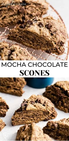 chocolate chip scones on a cooling rack with text overlay that reads mocha chocolate scones