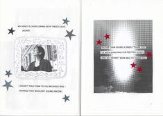 an open book with red and blue stars on the pages, which are black and white