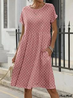 Olivia Mark - Short Sleeve Round Neck Polka Dot Print Mini Dress with Pockets Sewing Easy, Raspberry Recipes, Crewneck Dress, Polka Dress, Bride Dresses, Mid Length Dresses, Stretch Dress, Polka Dot Print, Dress With Pockets