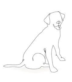 a black and white drawing of a dog sitting on the ground with its tongue out