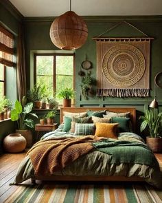 a bedroom with green walls, wooden floors and lots of potted plants on the wall