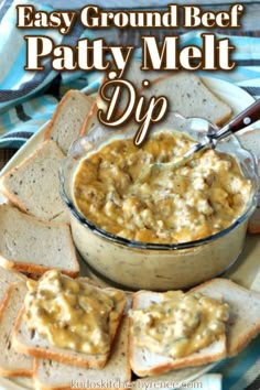 easy ground beef patty melt dip in a bowl with crackers