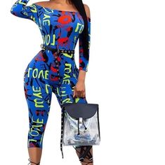 Pre-Mother's Day Sale Price Is Firm Brand New Print: Love Written On It Material: Polyester Stretch Material Calf Length Trendy Blue Bodysuit For Night Out, Blue Trendy Jumpsuits And Rompers For Party, Casual Blue Bodysuit For Night Out, Love Print, New Print, Sale Price, Letter Prints, Pant Jumpsuit, Jumpsuit Romper